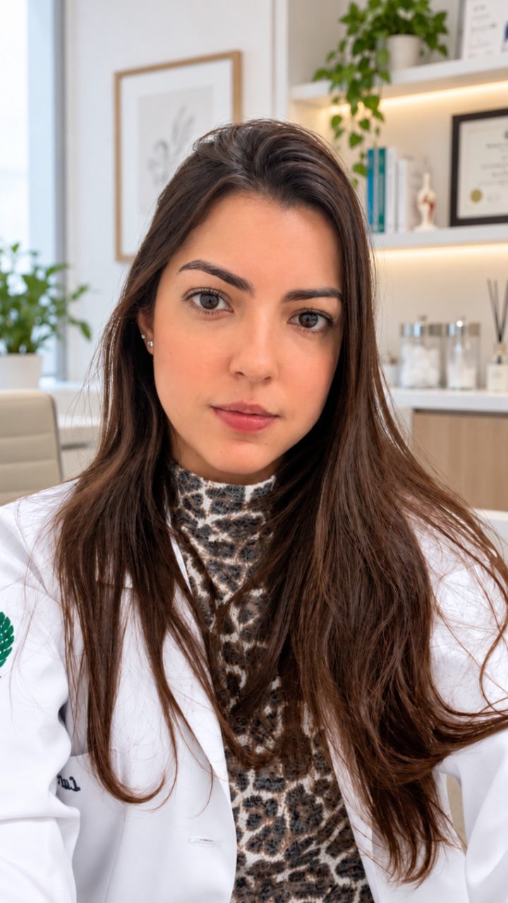 Retrato da Dra. Larissa Freitas, de jaleco branco, em seu consultório